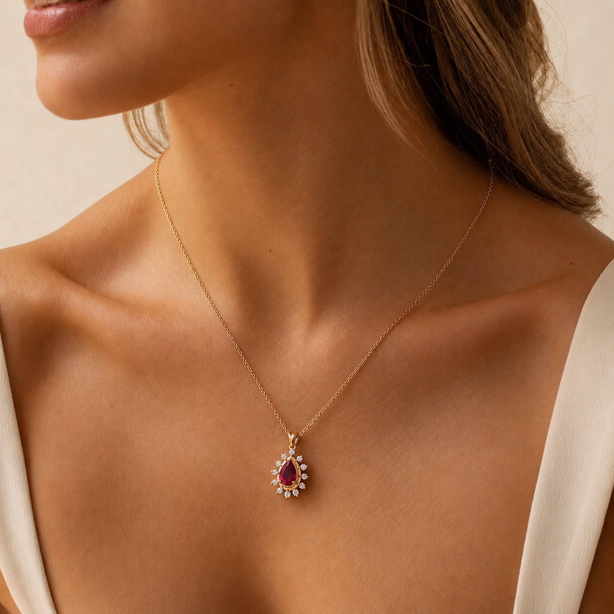 Altın Damla Yakut Taşlı Elmas Kolye 0,06 Ct - 0,66 Ct | 1,79 Gr