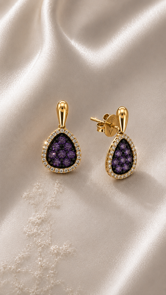 Mor Taşlı Elmas Küpe 0,11 Ct - 0,54 Ct | 2,18 Gr
