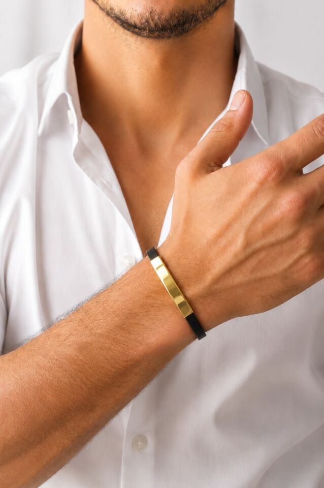 Minimal Gold Plakalı Erkek Bileklik